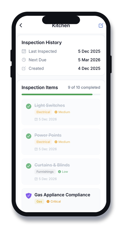 My Maintenance Pro app screen showing a Kitchen room inspection checklist