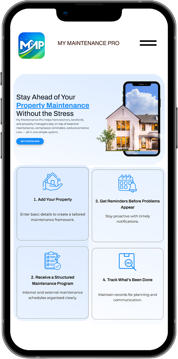 My Maintenance Pro app screen showing the property maintenance dashboard on a smartphone